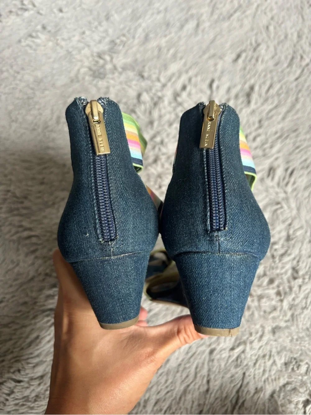 Anne Klein Denim Wedge bright rainbow strap Iflex Akvedette sandal Size 8